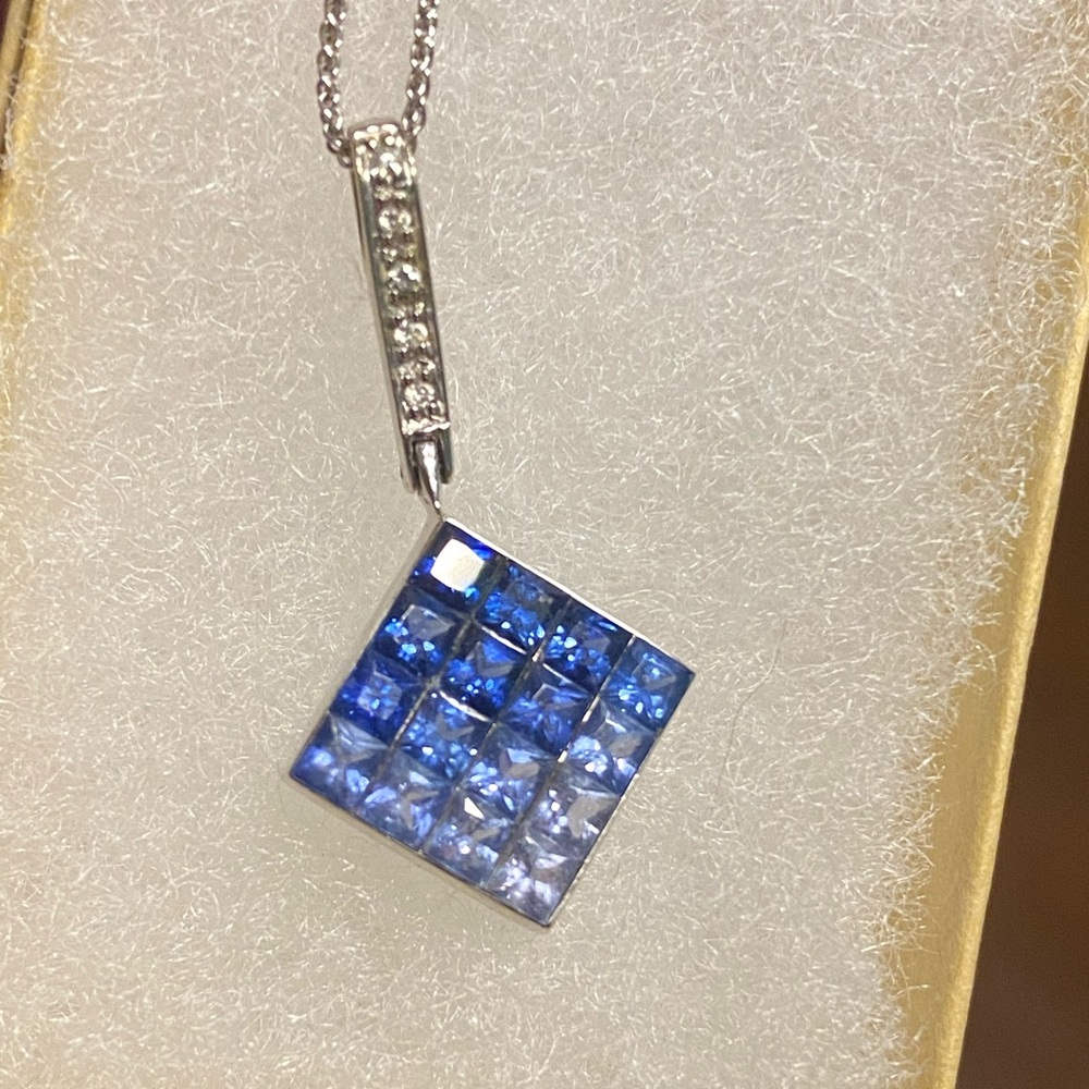 Ombré Sapphire, Diamond and 14K White Gold Pendant with 16” 10k White Gold chain